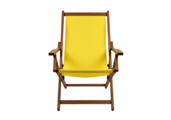 Foldable wooden beach chair with a bright yellow fabric seat, isolated on white background