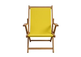 Foldable wooden beach chair with a bright yellow fabric seat, isolated on white background