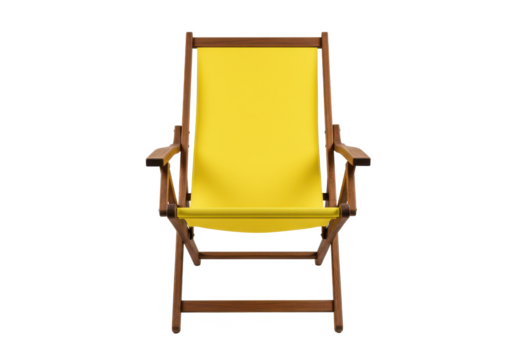 Foldable wooden beach chair with a bright yellow fabric seat, isolated on white background