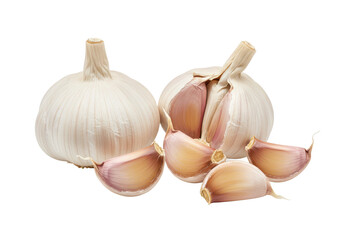 A whole garlic bulb, a split garlic bulb, and a few loose garlic cloves, isolated on white background