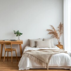 Minimalist Bedroom Design With Wooden Desk And Bed