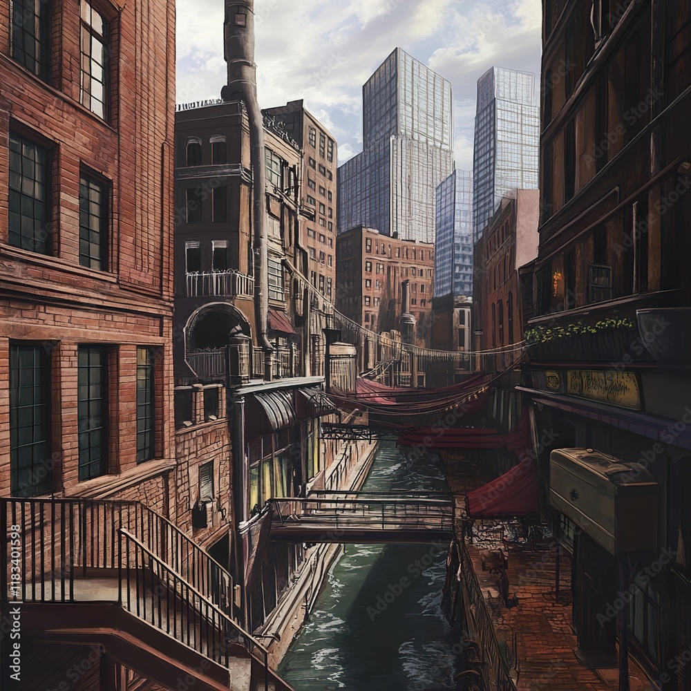 Wall mural Urban Canal: A Cityscape of Brick and Stone