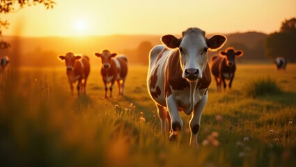 Sunset view of cows grazing leisurely in nearby pasture part of farm-to-table cycle Smiling diverse group enjoying a farm-to-table dining experience