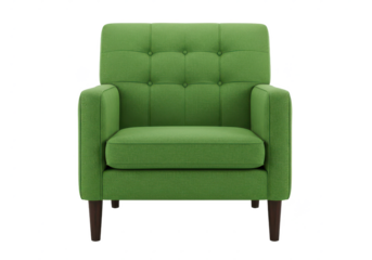 Modern green fabric armchair with a tufted backrest and wooden legs, isolated on white background