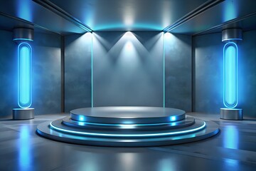 modern gray and blue background with integrated lighting, ideal for showcasing product