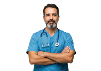 Confident male doctor wearing blue scrubs with a stethoscope around his neck, arms crossed