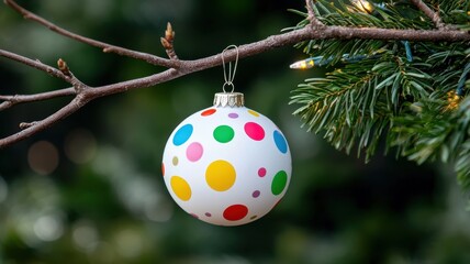 Vibrant polka dot Christmas ornament hanging on a beautifully decorated holiday tree.