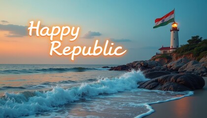 A serene coastal view with the Indian flag flying on a lighthouse with the text 'Happy Republic Day'