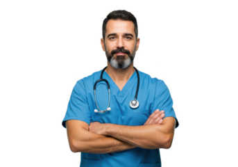 Confident male doctor wearing blue scrubs with a stethoscope around his neck, arms crossed