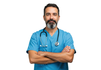 Confident male doctor wearing blue scrubs with a stethoscope around his neck, arms crossed