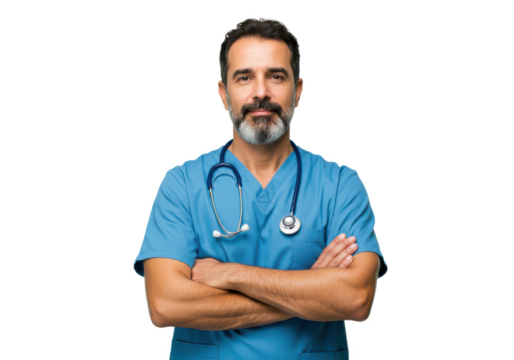 Confident male doctor wearing blue scrubs with a stethoscope around his neck, arms crossed