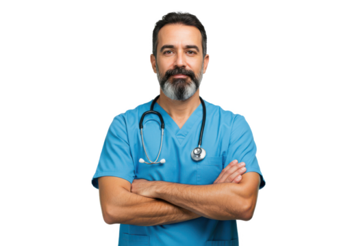 Confident male doctor wearing blue scrubs with a stethoscope around his neck, arms crossed