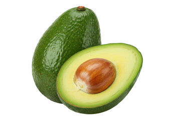 whole ripe avocado and a halved avocado showing the seed and vibrant green flesh, with green leaves, isolated on white background