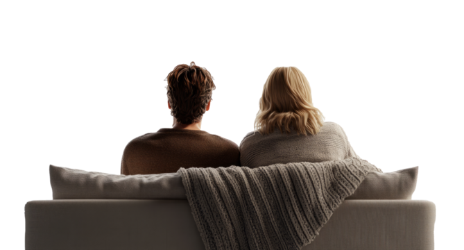 two people sitiing on sofa isolated on white background.