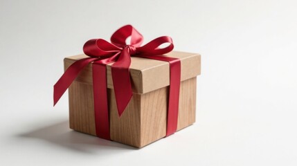 Obraz premium A Simple Wooden Gift Box with a Crimson Ribbon Bow
