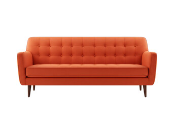 A bold, orange mid-century modern sofa with a tufted backrest and smooth upholstery, isolated on a white background