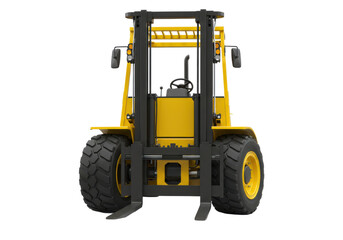 A yellow industrial forklift with a robust build and black tires, isolated on a white background