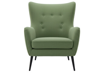 A sage-green armchair with a high backrest and sleek black legs, isolated on a white background