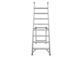 Silver metal ladder, isolated on white background, front angled view, no depth of field, sharp.