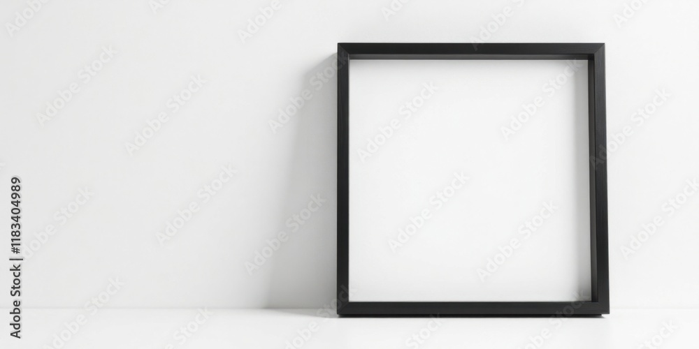 Poster empty black frame against a white wall in a minimalist setting