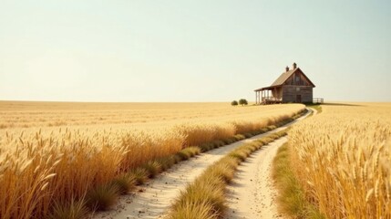 Fototapeta premium Rustic Wooden House on a Sandy Path Through Golden Wheat Field