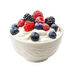 A bowl of Greek yogurt with berries, against a transparent background