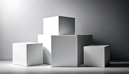 Six white cubes create a platform, grey background, smooth surface.