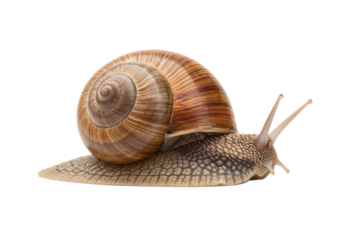 Snail with a detailed shell and extended tentacles, isolated on white background