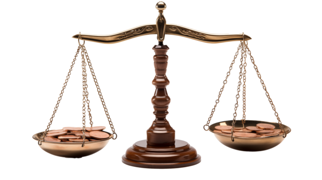Scales with coins on a white background, symbolizing financial balance, justice, equality, and fairness in a clean and conceptual design	