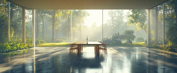 Sunlit minimalist room with a wooden table and chairs overlooking a lush green garden.