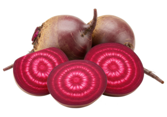 Fresh beetroot, whole and halved, with vivid red inner rings, isolated on white background