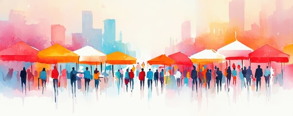 Obraz premium A vibrant watercolor scene depicting a bustling market with colorful stalls and diverse crowds against a soft urban backdrop.