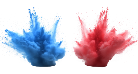 red and blue paint splashes on white background.