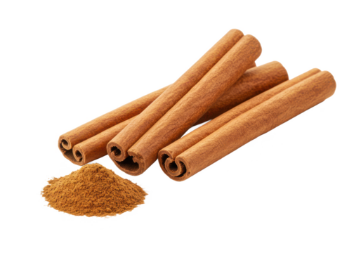 Three brown cinnamon sticks arranged diagonally next to a mound of fine cinnamon powder