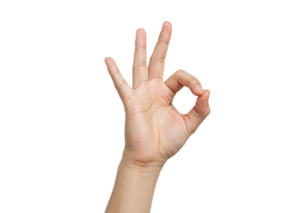 A hand making the "OK" gesture, with fingers forming a circle, front view, isolated on white background, no depth of field, sharp.