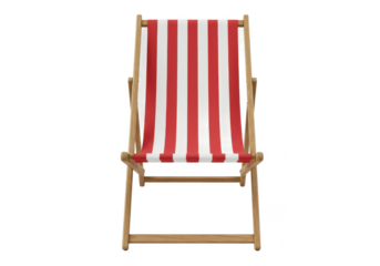 A red-and-white striped deck chair with a wooden frame, front angled view, isolated on white background