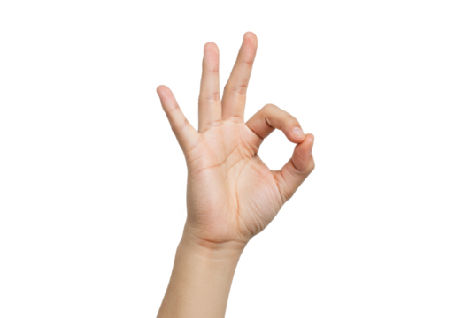 A hand making the "OK" gesture, with fingers forming a circle, front view, isolated on white background, no depth of field, sharp.