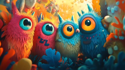Naklejka premium Cheerful and vibrant imaginary monsters in a bright 2D animated story