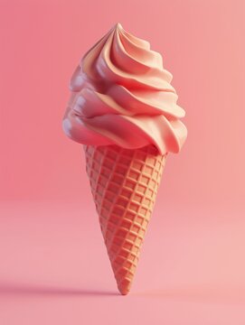Realistic strawberry soft serve ice cream in waffle cone. 3d, vector. Swirl in a waffle cone. Fast food restaurant, frozen dessert.