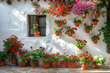 Fototapeta premium a typical Andalusian patio with a white wall covered with pots of geraniums of various colors.