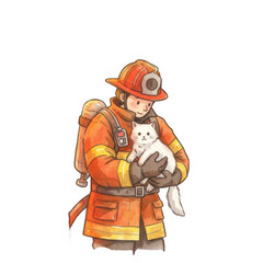 Obraz premium Heroic Firefighter Rescues Cat From Flames Urban Rescue Operation Illustration Heartwarming Scene