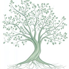 Obraz premium A beautifully detailed vector illustration of a tree, with intricate, flowing branches and leaves, standing tall against a pure white background. The tree's roots are prominently visible, extending de