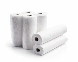 Fototapeta premium Household Essential: Rolls of Paper Towels for Kitchen. Isolated on White Background,Disposable and Convenient Tissue Alternative