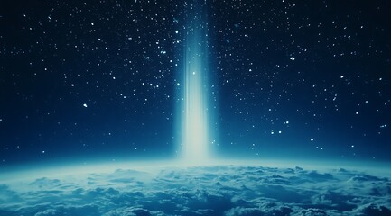 A white beam of light shines down on the dark blue sky abstract background