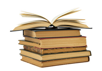 A stack of old hardcover books, with the top book open, isolated on a white background