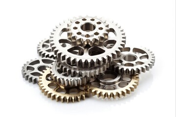 Isolated Metal Gears on White Background. Precision Machinery in Steel Gear Technology. Industrial Equipment with Machine Wheel Power
