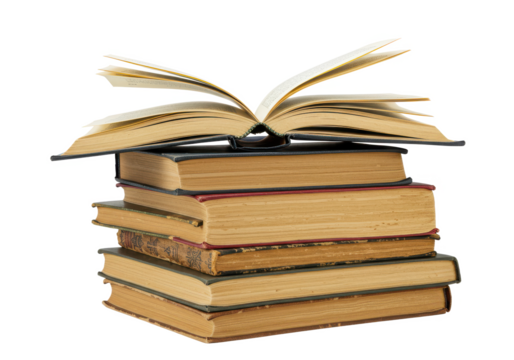 A stack of old hardcover books, with the top book open, isolated on a white background