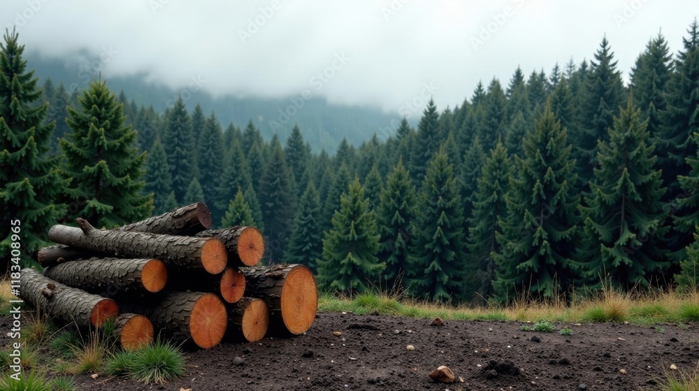 Leinwandbilder stack of felled logs rests in front of a coniferous forest on an overcast day