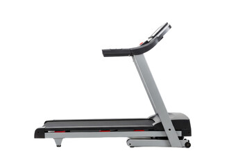Modern treadmill with sleek design, black running belt and silver frame, isolated on white background