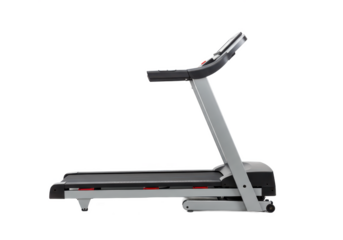 Modern treadmill with sleek design, black running belt and silver frame, isolated on white background